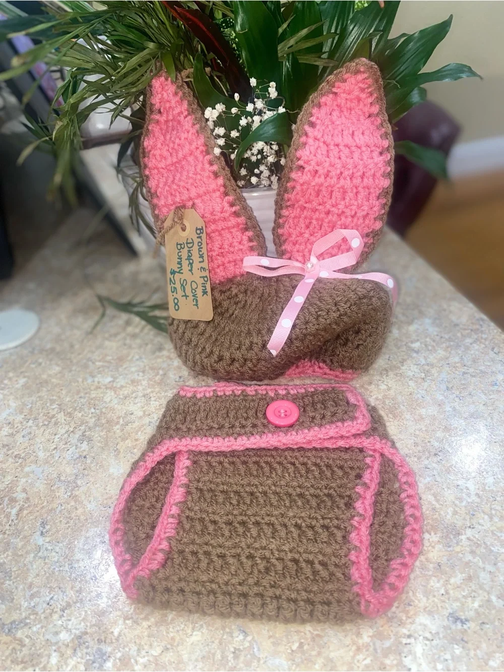 Handmade Crochet Bunny Diaper Cover & Ear Hat - Brown and Bright Pink